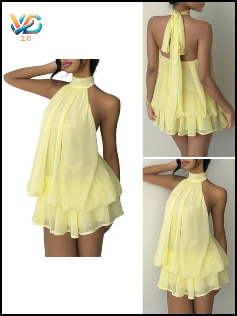 Women's Chiffon Halter Cocktail Dress With Ruffle Hem Mini Bodycon